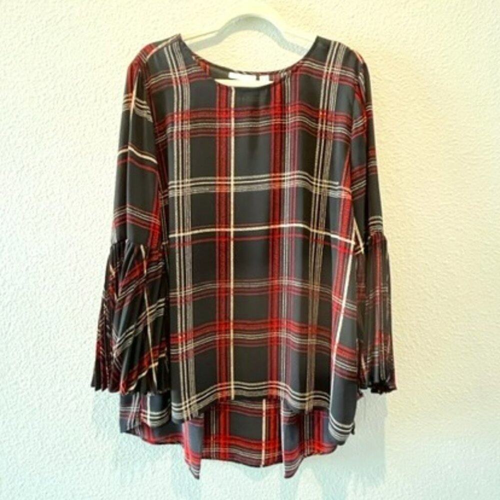 Susan Graver Printed Woven Top w/ Pleated Sleeves Sz 14